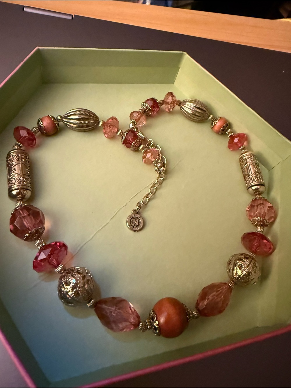 Vintage Napier Gold-Tone Necklace with Pink and Coral Beads